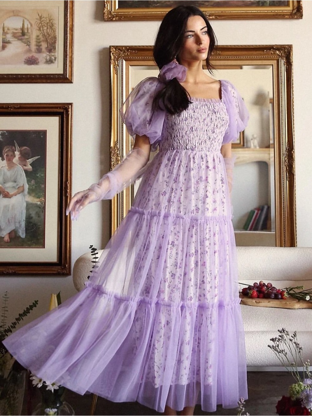 Listicle Lavender Floral Lined Smocked Tulle Midi Dress Purple Sz L Maternity